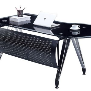 Mesa de oficina MAGNA, forma a izquierda, vidrio templado negro, 180 x 85 cms
