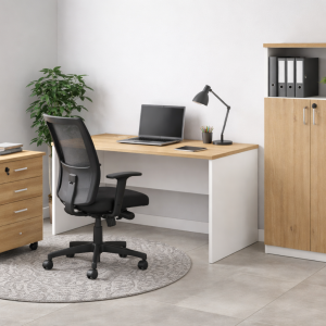 Mesa de oficina VOLPI 140, blanco y roble, 140 x 70 cms