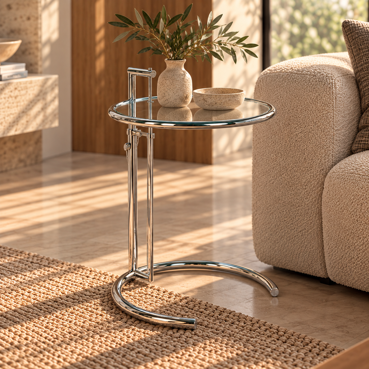 Mesa EG NEW, regulable, acero inoxidable y cristal, 50 cms de diámetro