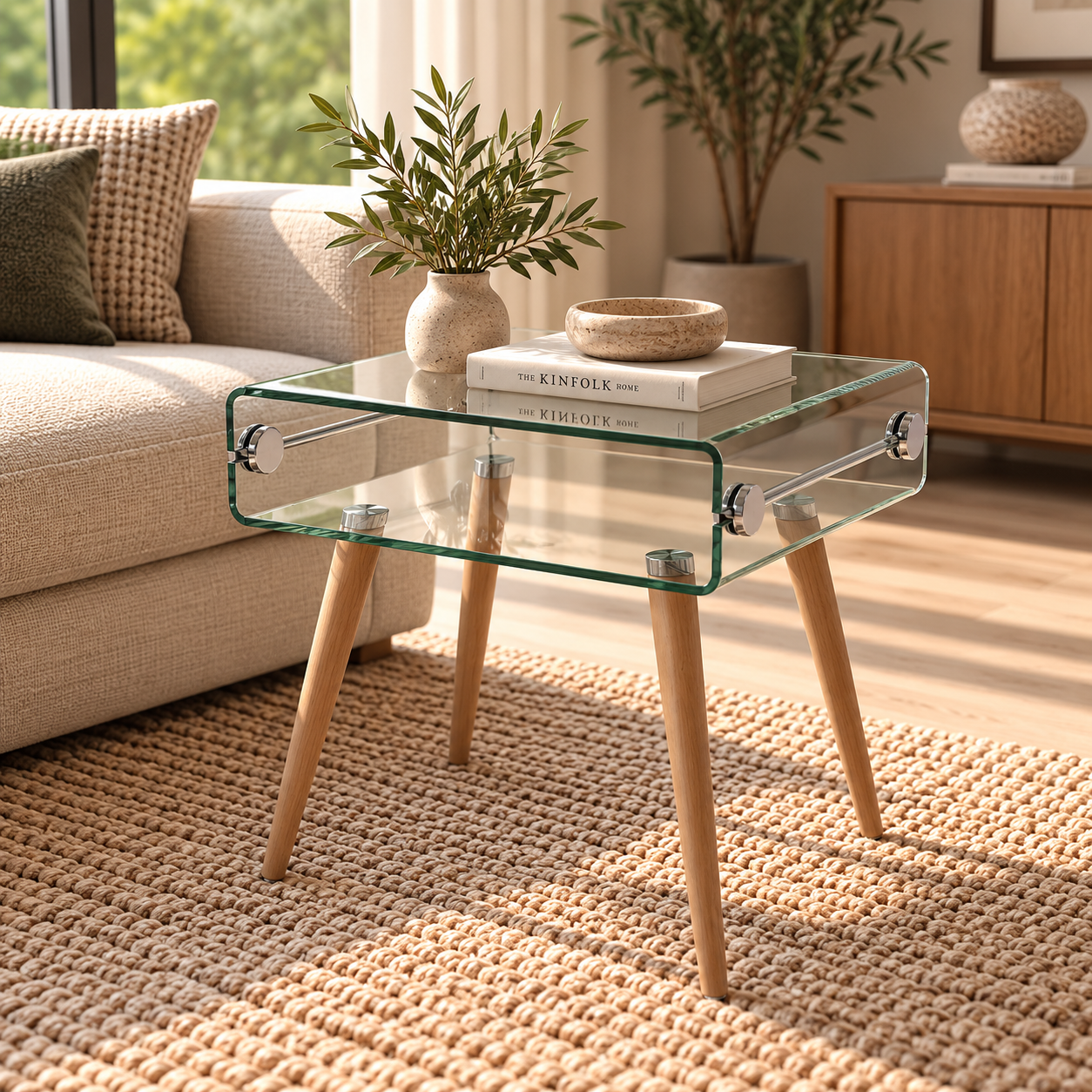 Mesa HOLANDA, madera, cristal, 55x40 cms