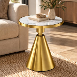 Mesa JASSY BL, baja, dorada, tapa cerámica mármol blanco, 50 cms de diámetro