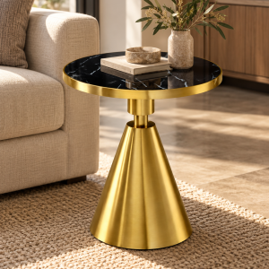 Mesa JASSY NE, baja, dorada, tapa cerámica mármol negro, 50 cms de diámetro