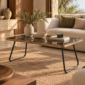 Mesa KROYA, baja, metal, ratán, cristal, 93 x 53 cms