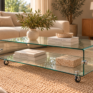 Mesa MELBOURNE, cristal curvado, ruedas, 120x60 cms