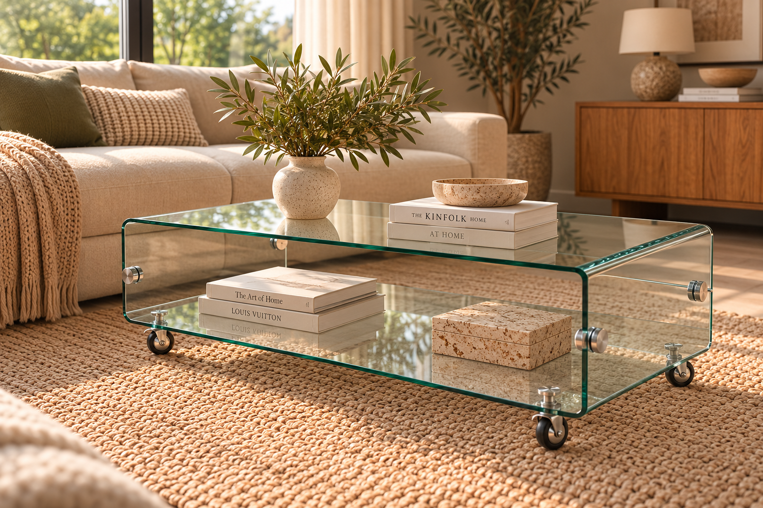 Mesa MELBOURNE, cristal curvado, ruedas, 120x60 cms