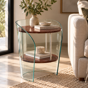 Mesa MODBURY, baja, madera, cristal, 50 x 50 cms