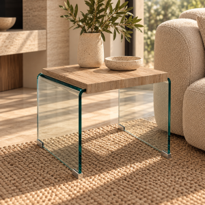 Mesa OSIRIS, baja, madera, cristal curvado, 55x55 cms