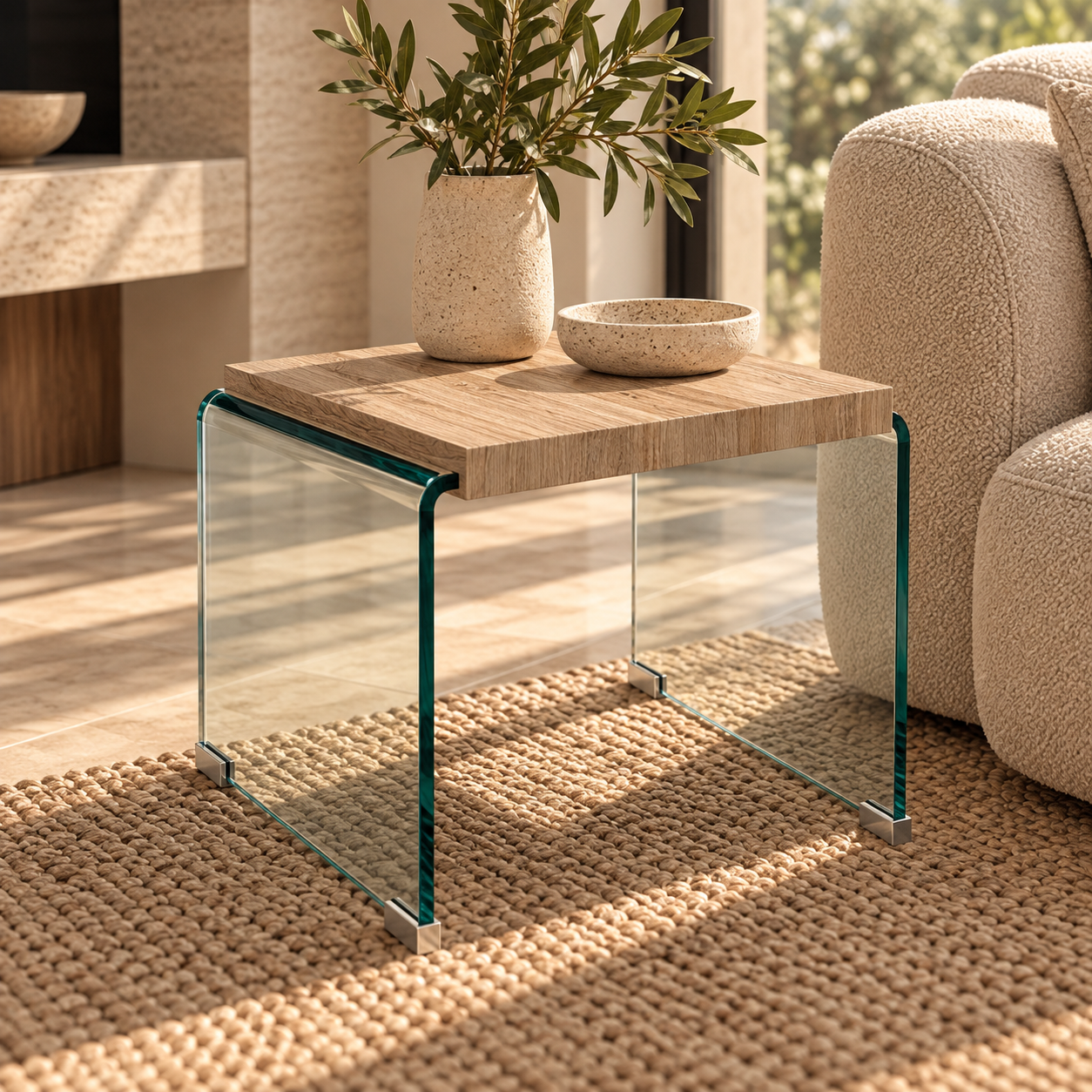 Mesa OSIRIS, baja, madera, cristal curvado, 55x55 cms