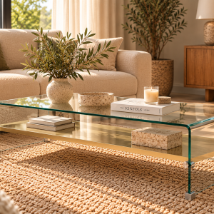 Mesa POITIERS, baja, estante, cristal, 110x55 cms