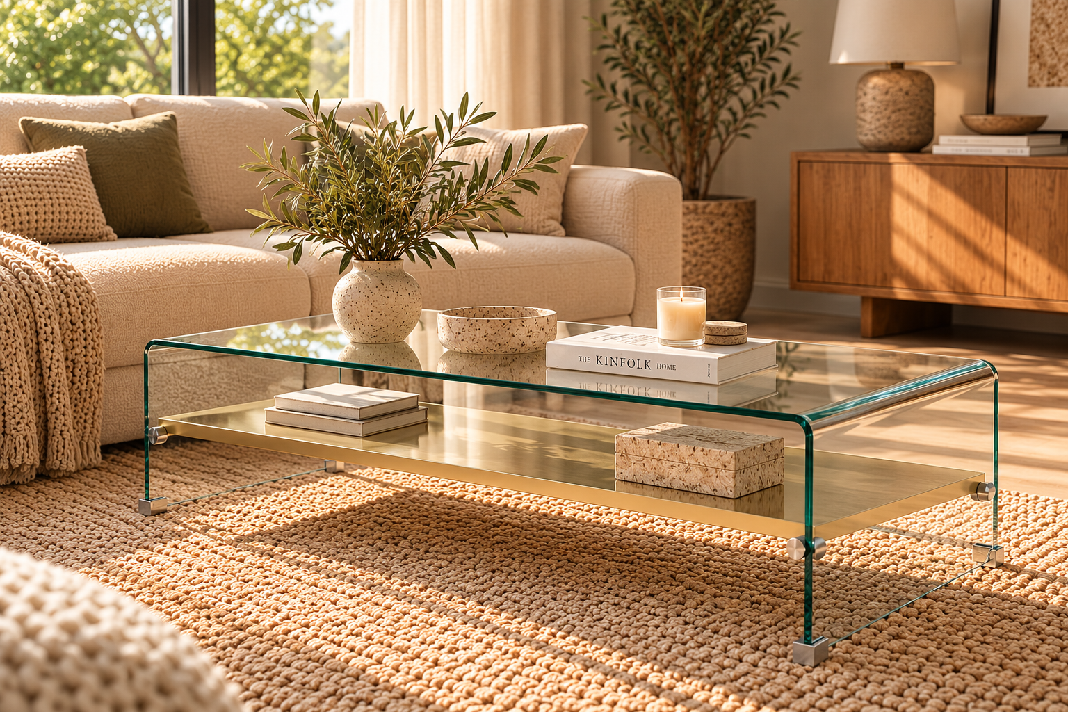 Mesa POITIERS, baja, estante, cristal, 110x55 cms
