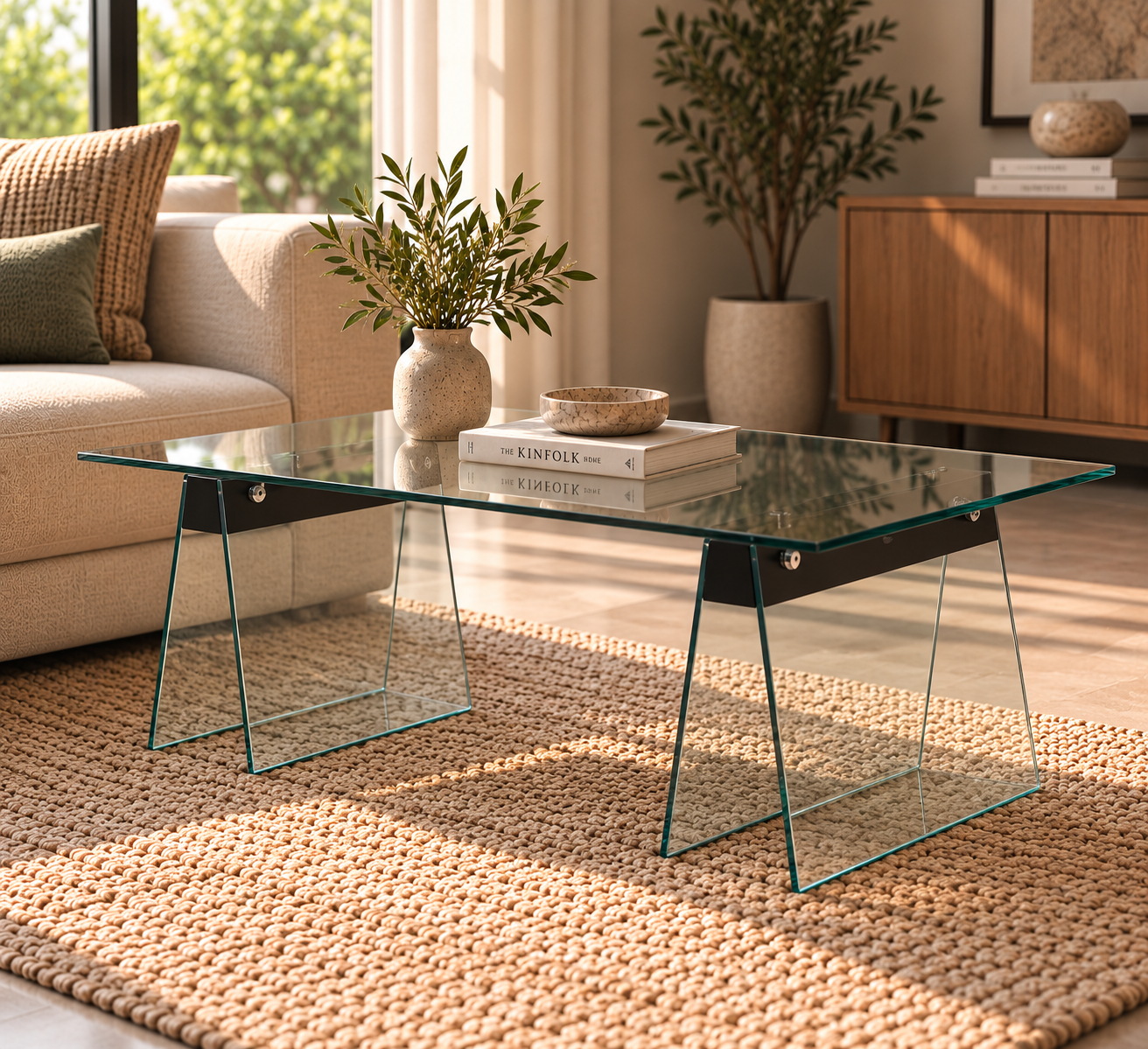 Mesa SELENE, baja, madera, cristal templado, 120x60 cms