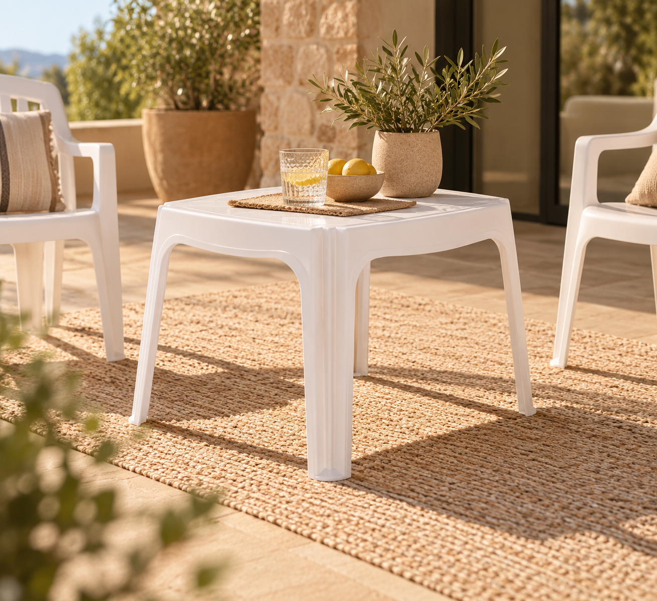 Mesa TORROX, baja, apilable, polipropileno blanco