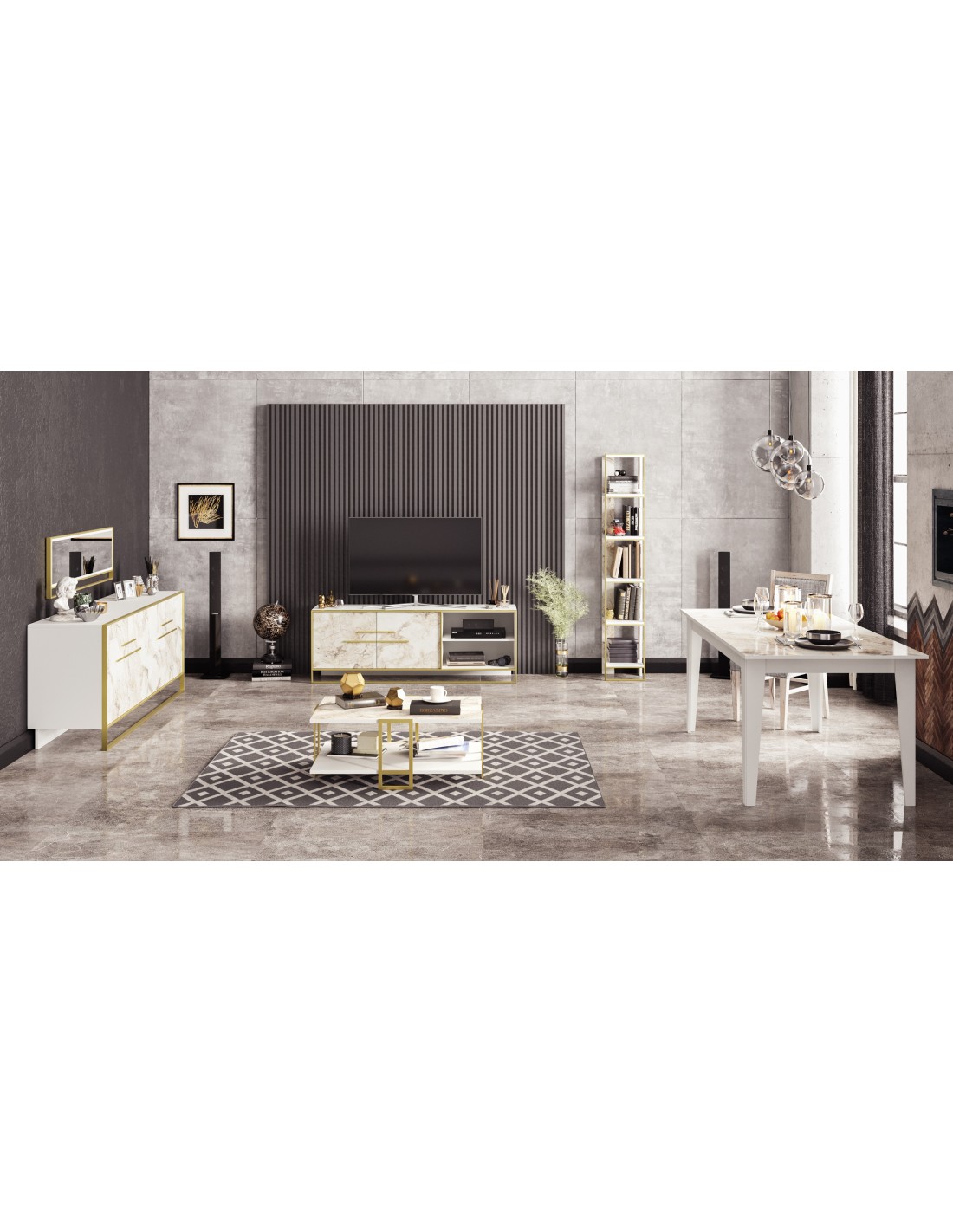 Mueble de TV SIENA, bilaminado mármol blanco con metal dorado, 160 cms.