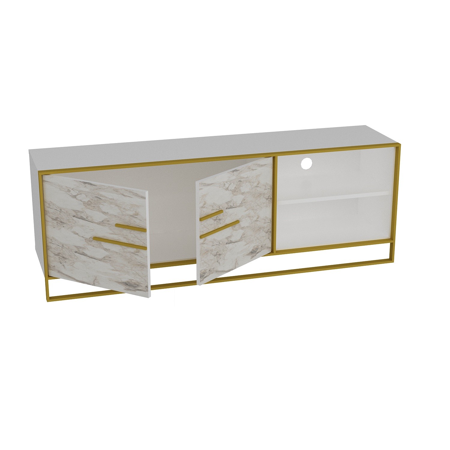 Mueble de TV SIENA, bilaminado mármol blanco con metal dorado, 160 cms.