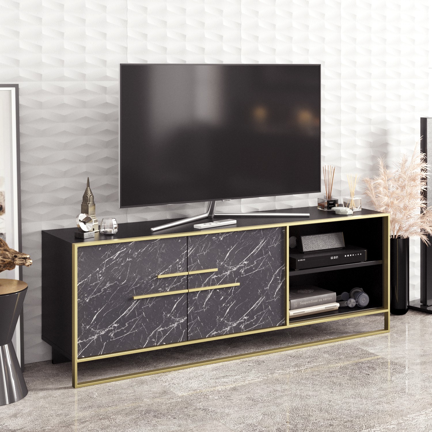 Mueble de TV SIENA, bilaminado mármol negro con metal dorado, 160 cms.
