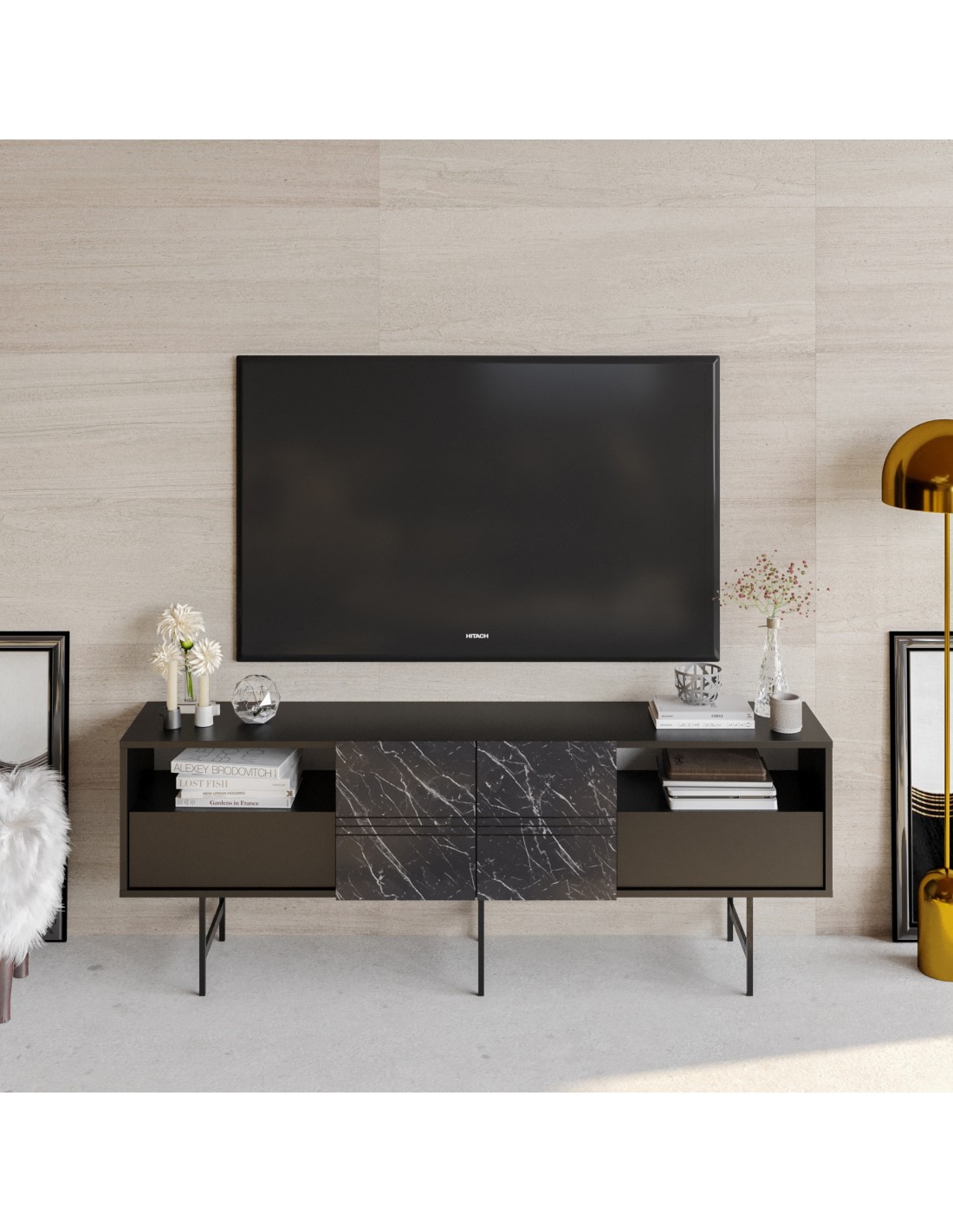 Mueble de TV SIMON, bilaminado mármol negro, 180 cms.