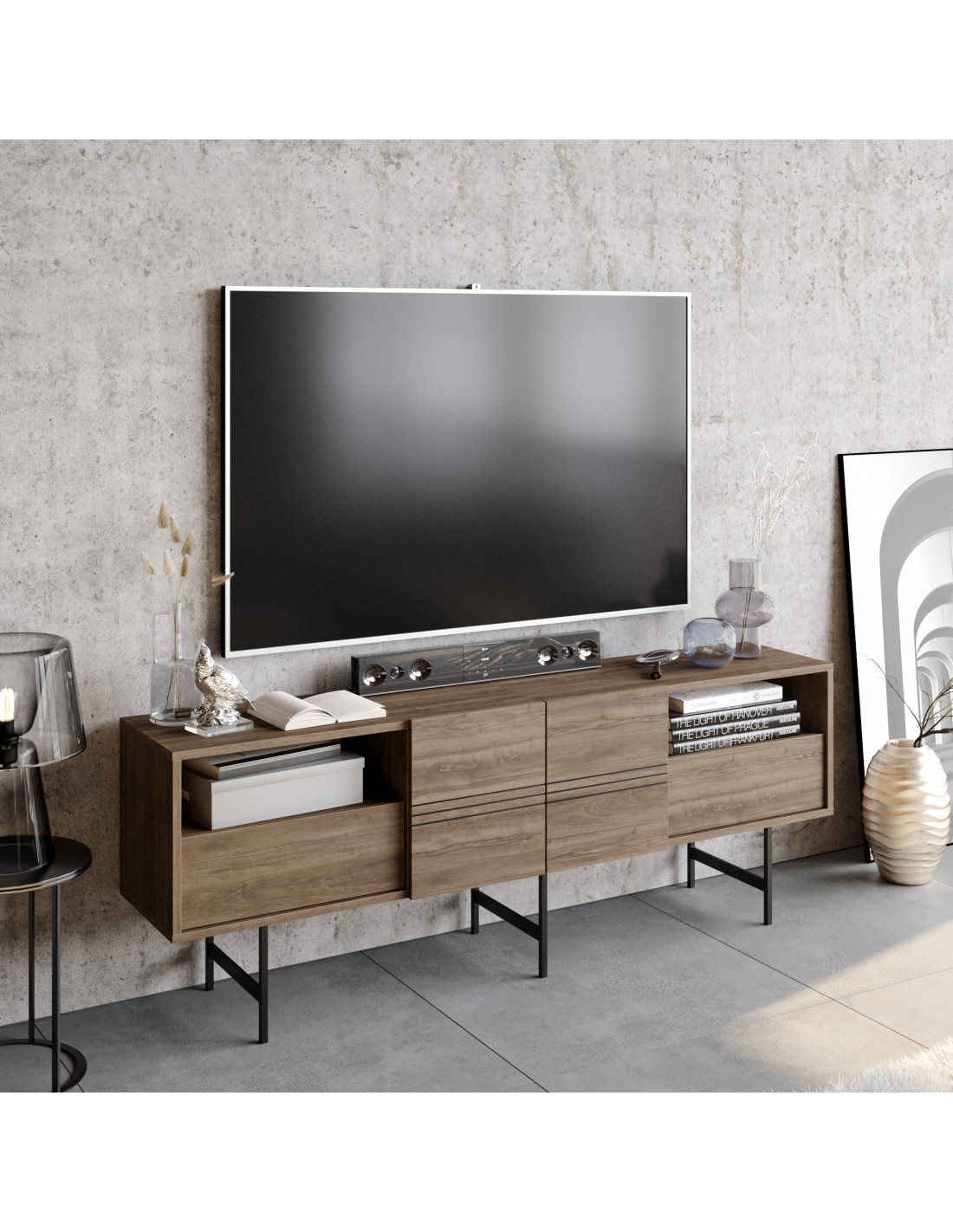 Mueble de TV SIMON, bilaminado nogal, 180 cms.