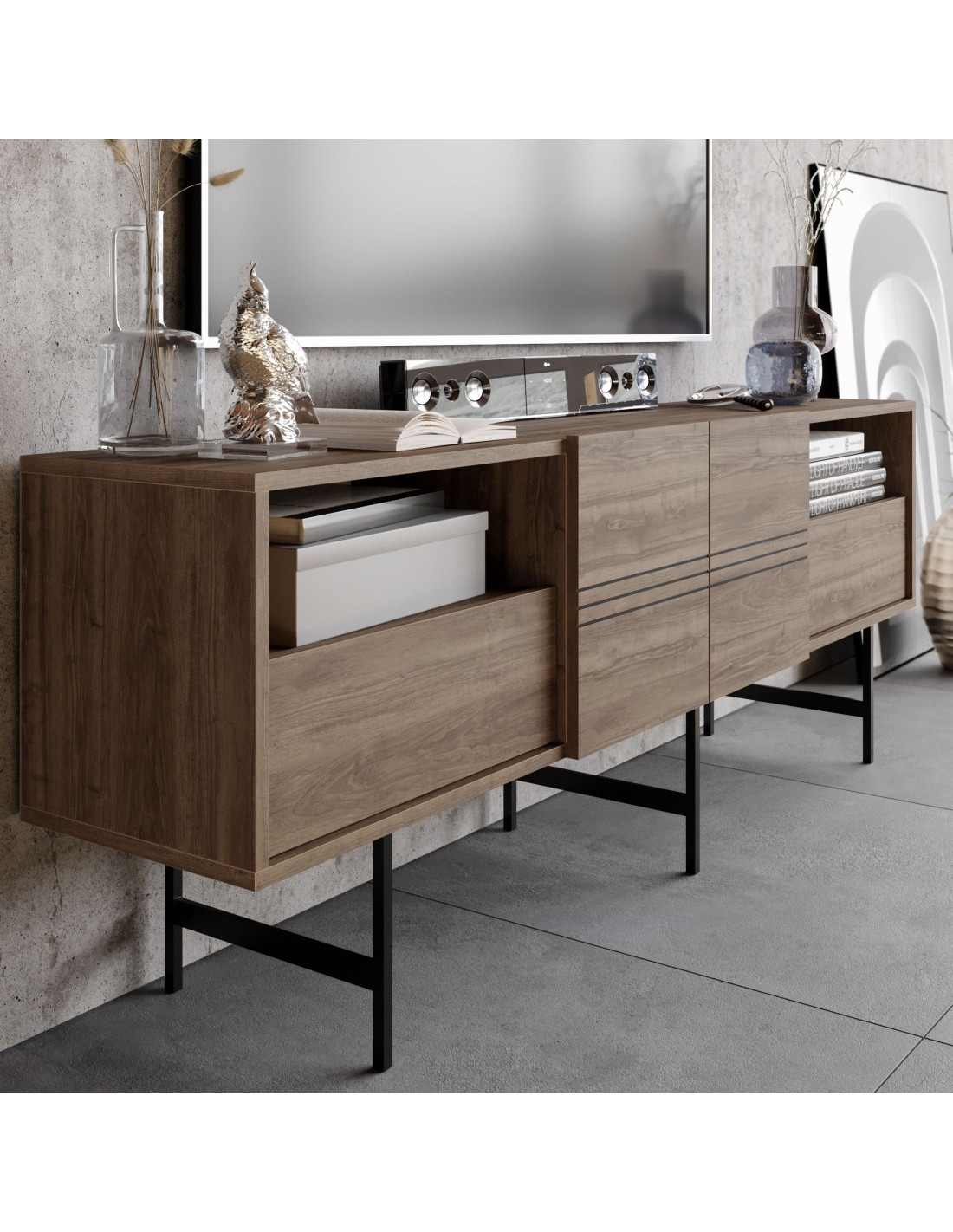 Mueble de TV SIMON, bilaminado nogal, 180 cms.