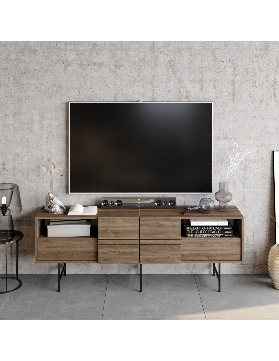 Mueble de TV SIMON, bilaminado nogal, 180 cms.