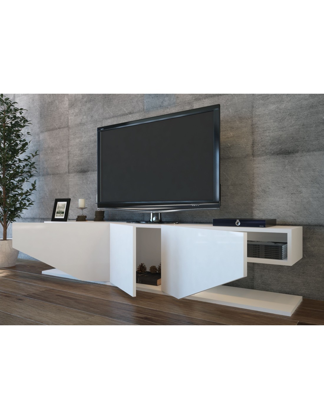 Mueble de TV VIOLET, bilaminado blanco brillo, 180 cms.