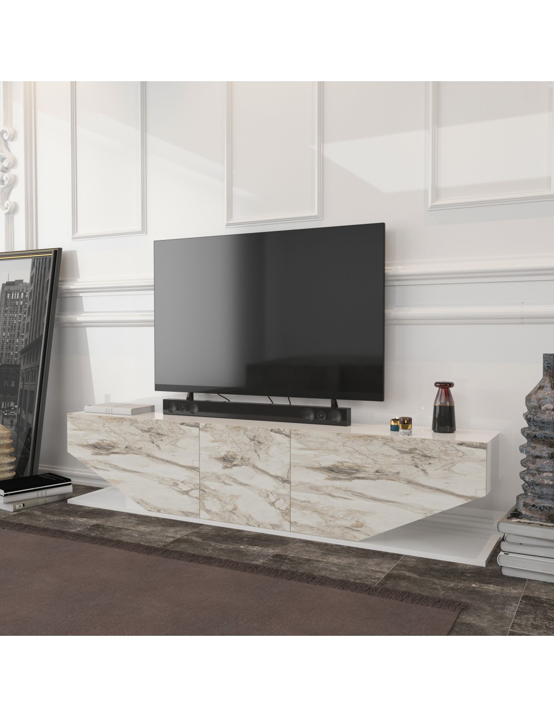 Mueble de TV VIOLET, bilaminado mármol blanco, 180 cms.