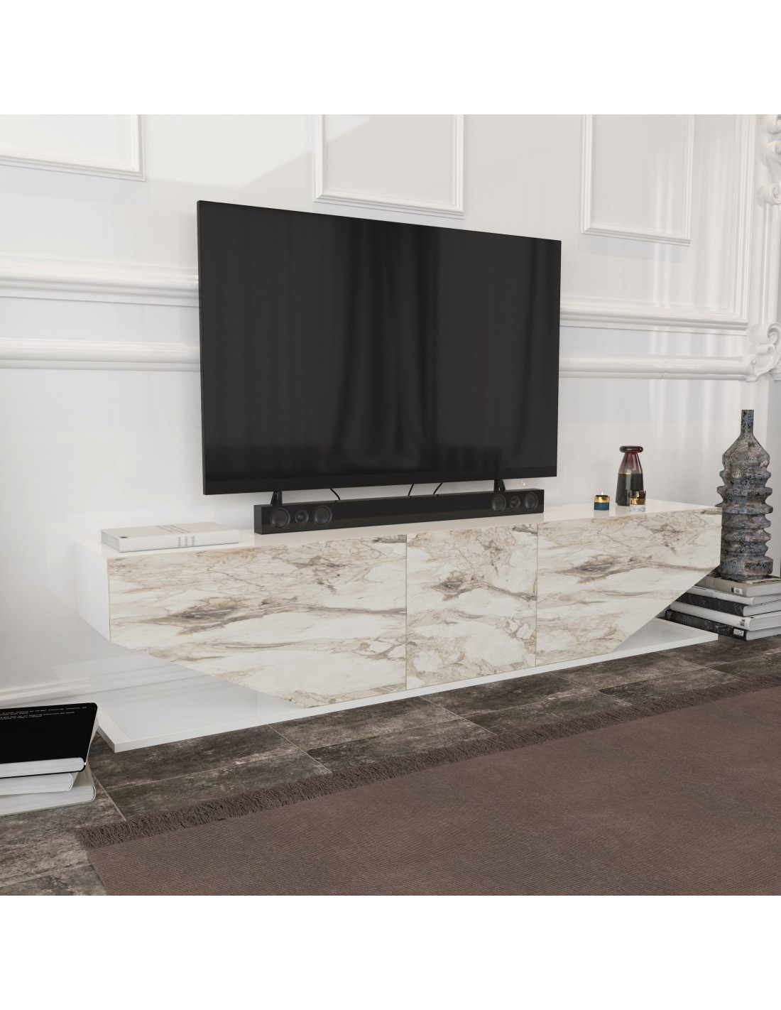 Mueble de TV VIOLET, bilaminado mármol blanco, 180 cms.
