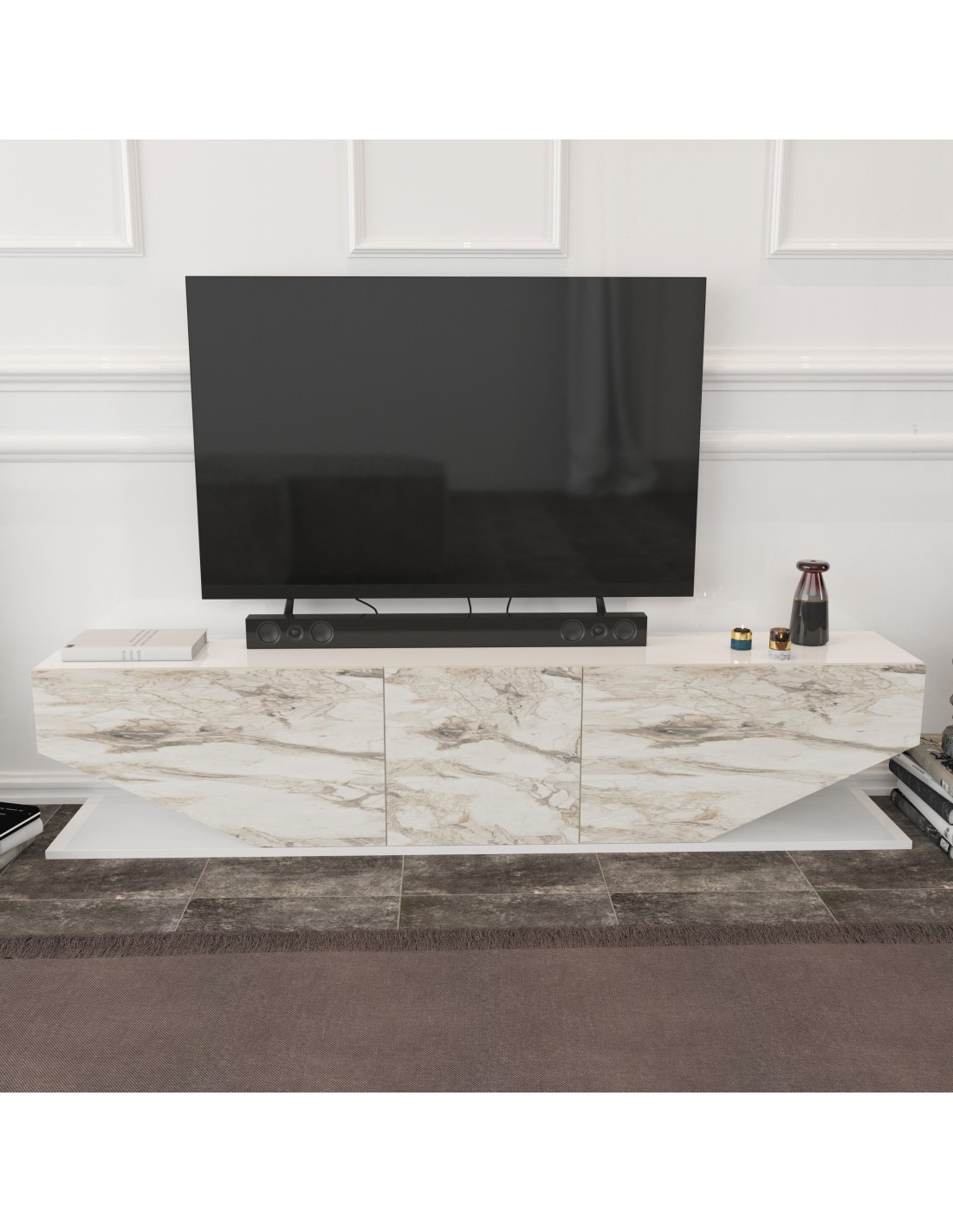 Mueble de TV VIOLET, bilaminado mármol blanco, 180 cms.