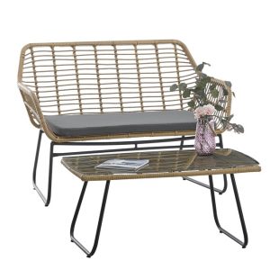 Set KROYA, 2 Sillones + Sofá 2 plazas + mesa, metal, ratán beige, cojines incluidos