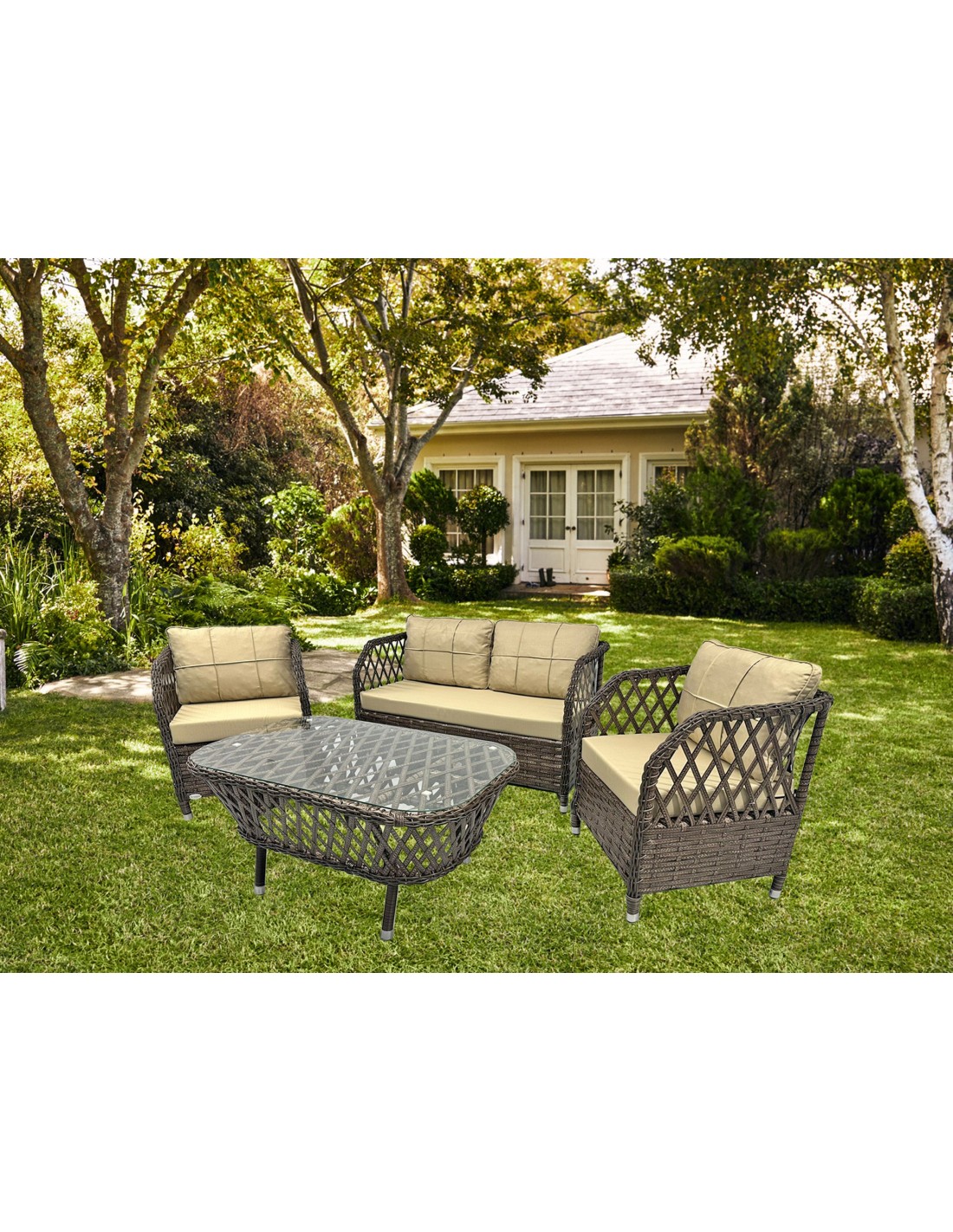 Set MARBELLA, 2 Sillones + Sofá 2 plazas + mesa, aluminio, ratán chocolate, cojines incluidos