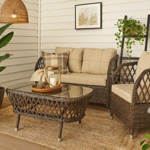 Set MARBELLA, 2 Sillones + Sofá 2 plazas + mesa, aluminio, ratán chocolate, cojines incluidos