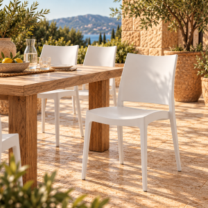 Silla CAPRI, apilable, tratamiento anti UV, polipropileno blanco