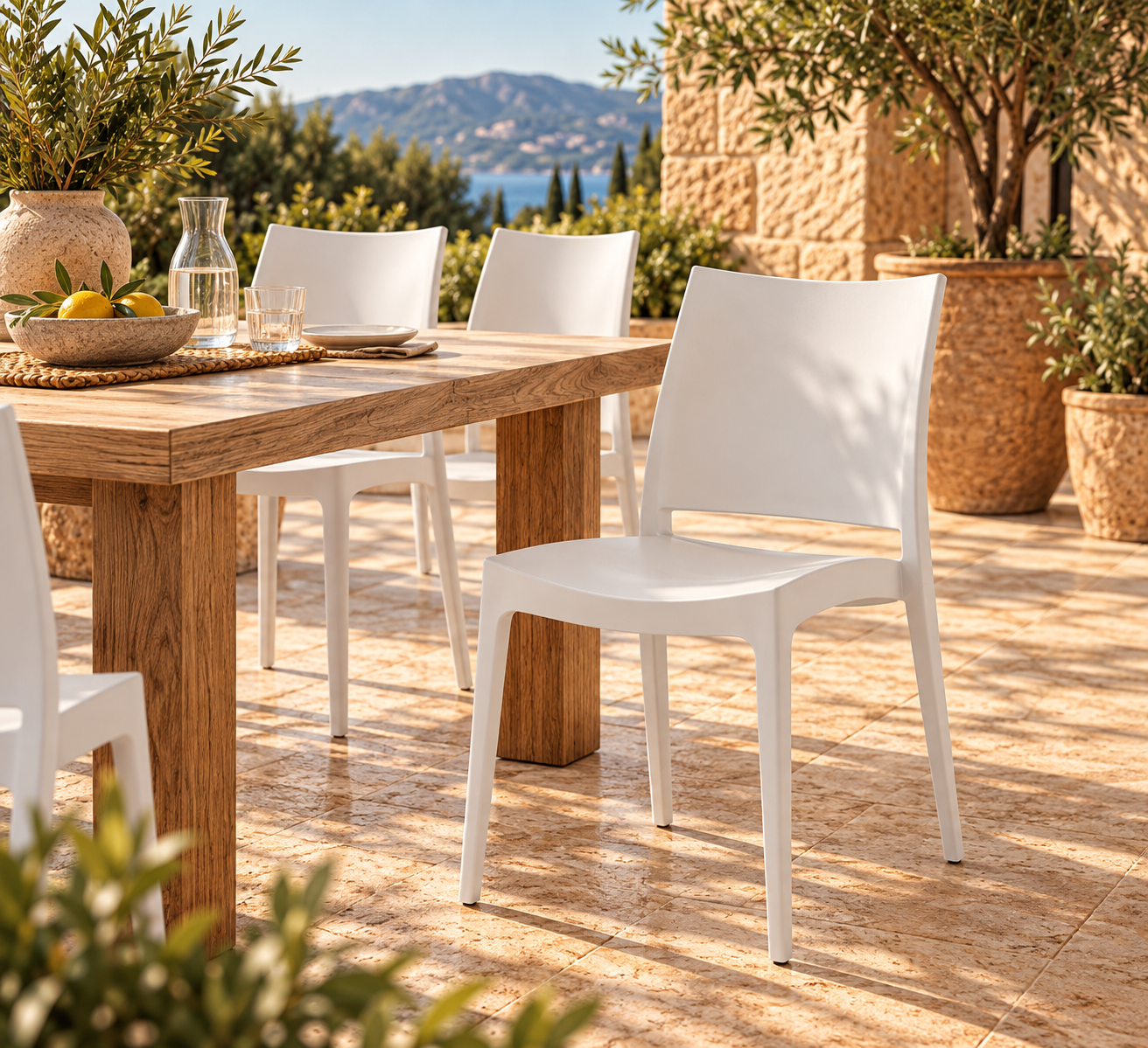 Silla CAPRI, apilable, tratamiento anti UV, polipropileno blanco