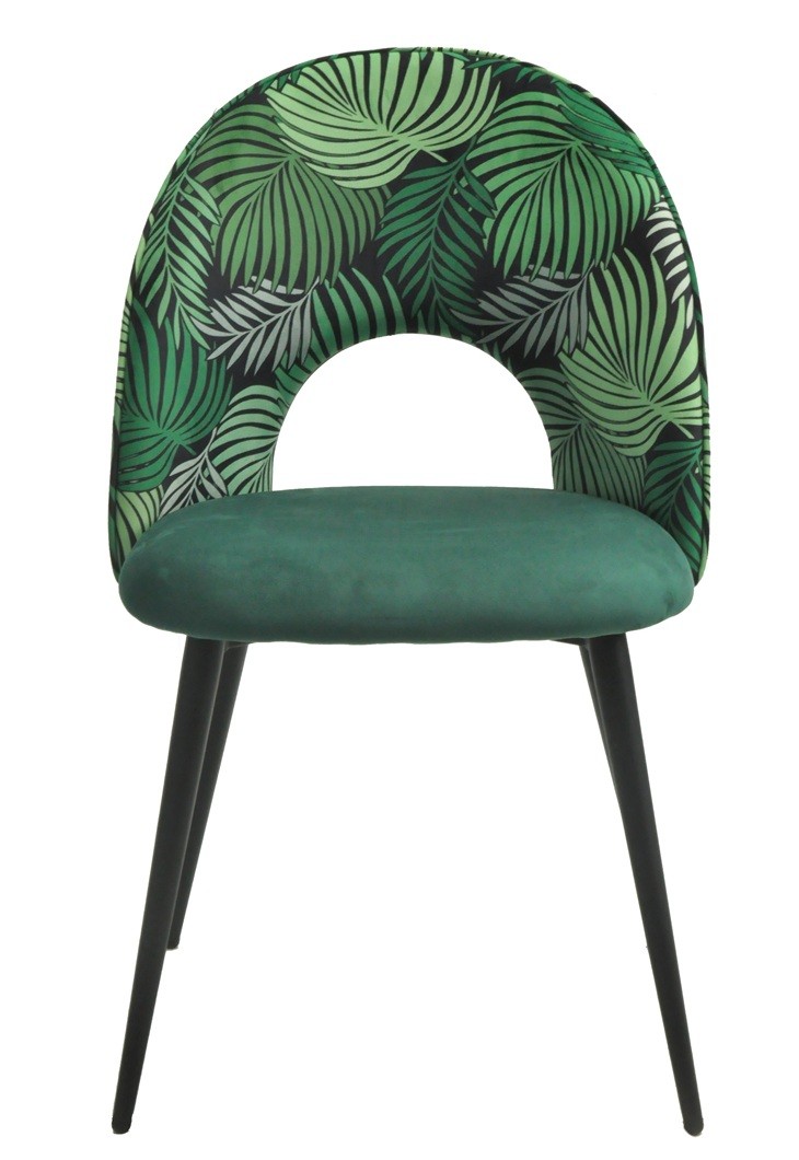 Silla ORQUIDEA, metal, tapizado velvet verde con respaldo floral a juego