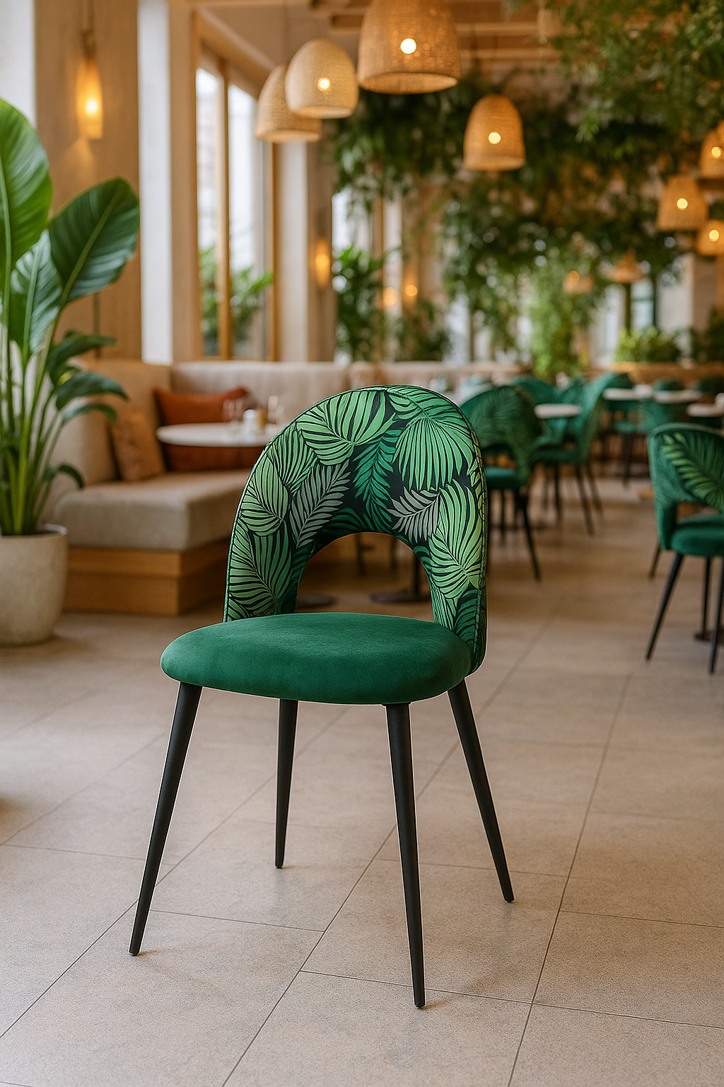 Silla ORQUIDEA, metal, tapizado velvet verde con respaldo floral a juego
