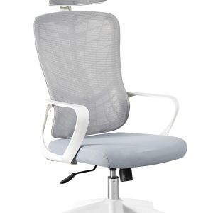 Sillón de oficina MELLAC, alto, blanco, malla y asiento gris