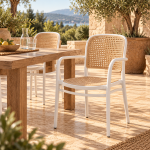 Sillón FUNCHAL 97, apilable, polipropileno blanco y beige