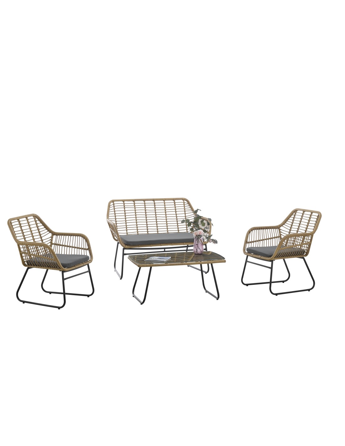 Sofá KROYA, metal, ratán beige, cojín negro
