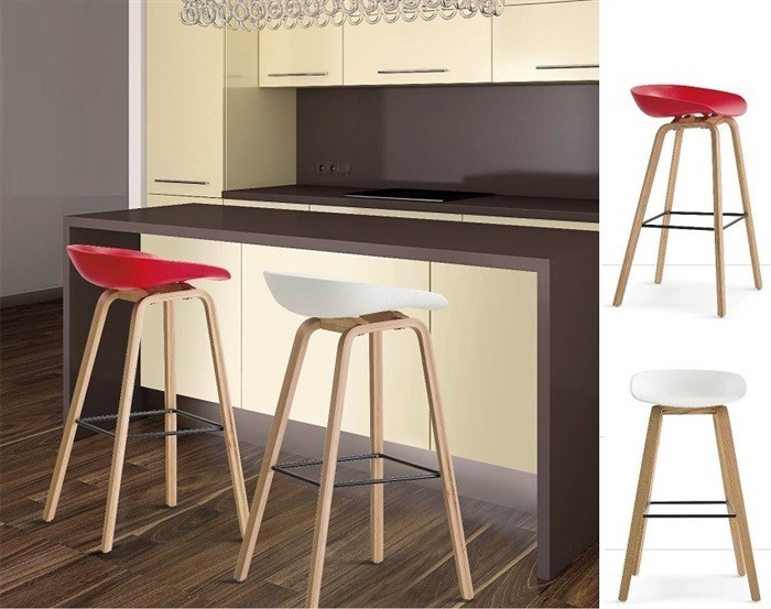 Taburete AWAK (EL), madera curvada, asiento polipropileno blanco