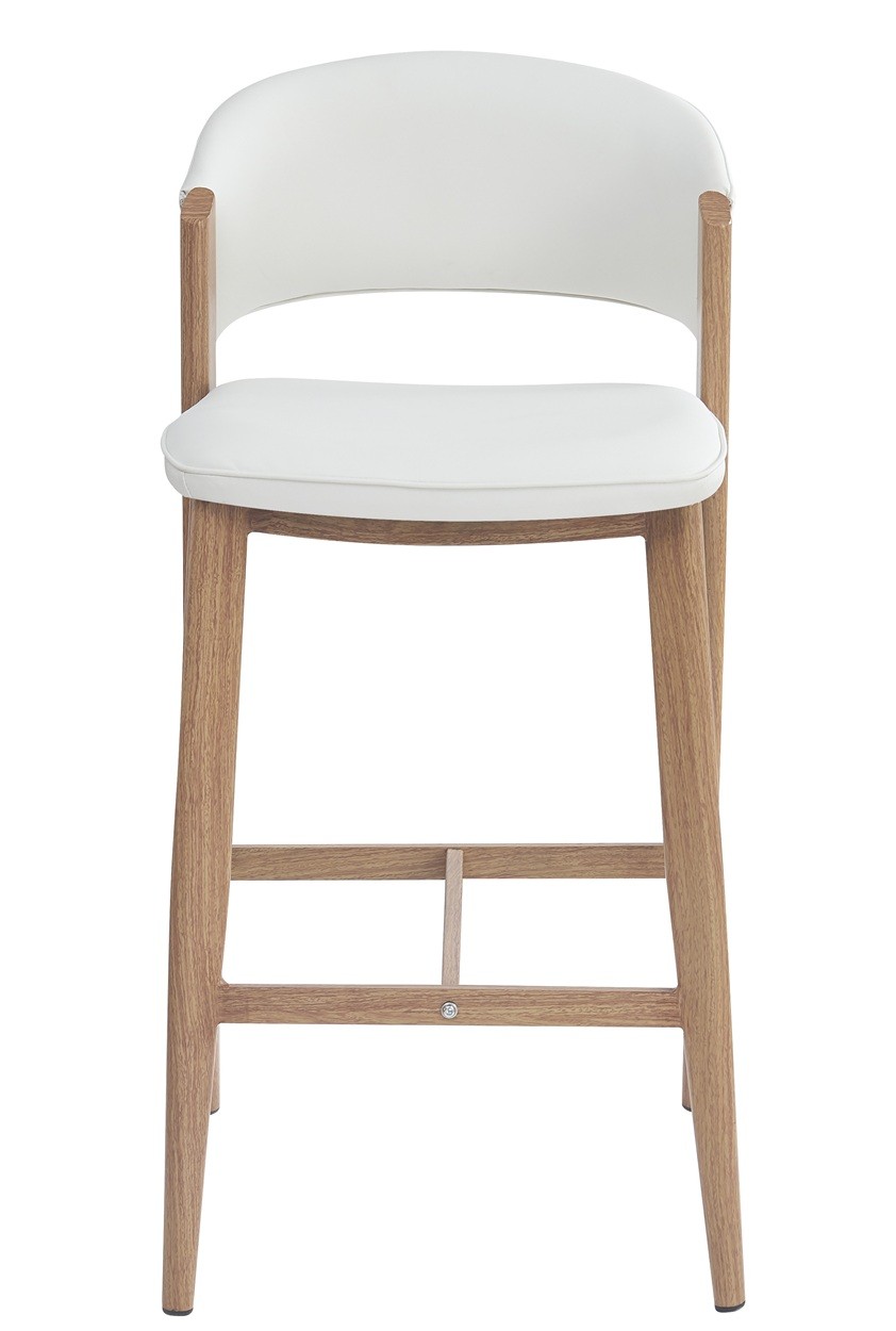 Taburete CALABRIA, metal acabado de color madera, similpiel blanca