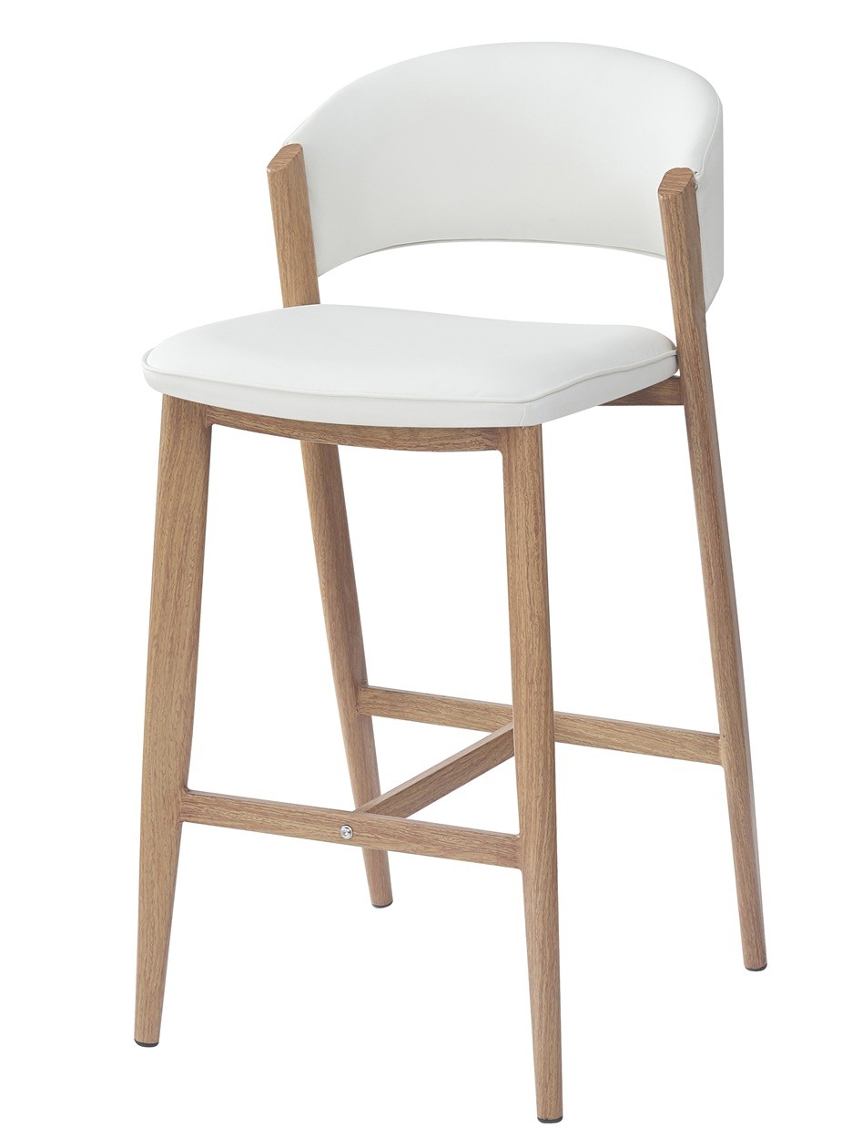 Taburete CALABRIA, metal acabado de color madera, similpiel blanca