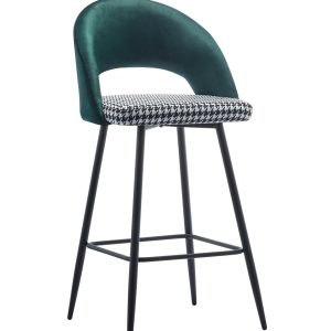 Taburete CLEO, metal, tapizado verde con pata de gallo