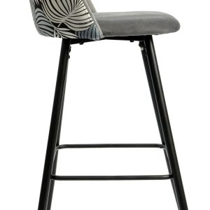 Taburete FLORAL, metal, tapizado velvet gris con trasera floral a juego