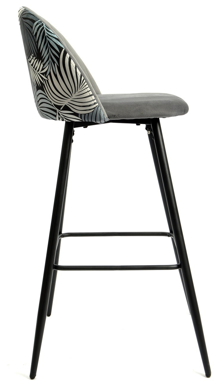 Taburete FLORAL, metal, tapizado velvet gris con trasera floral a juego