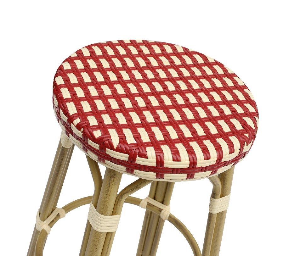 Taburete GARNIER, apilable, aluminio, ratán beige y rojo