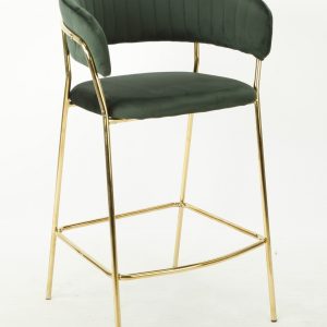 Taburete KEFREN, metal, cromado dorado, tapizado velvet verde oscuro