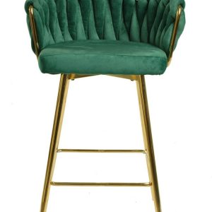 Taburete KING, metal, cromado dorado, tapizado velvet verde oscuro
