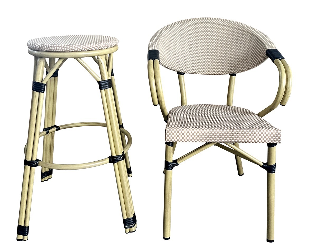 Taburete NERJA, apilable, aluminio, mesh beige y marrón