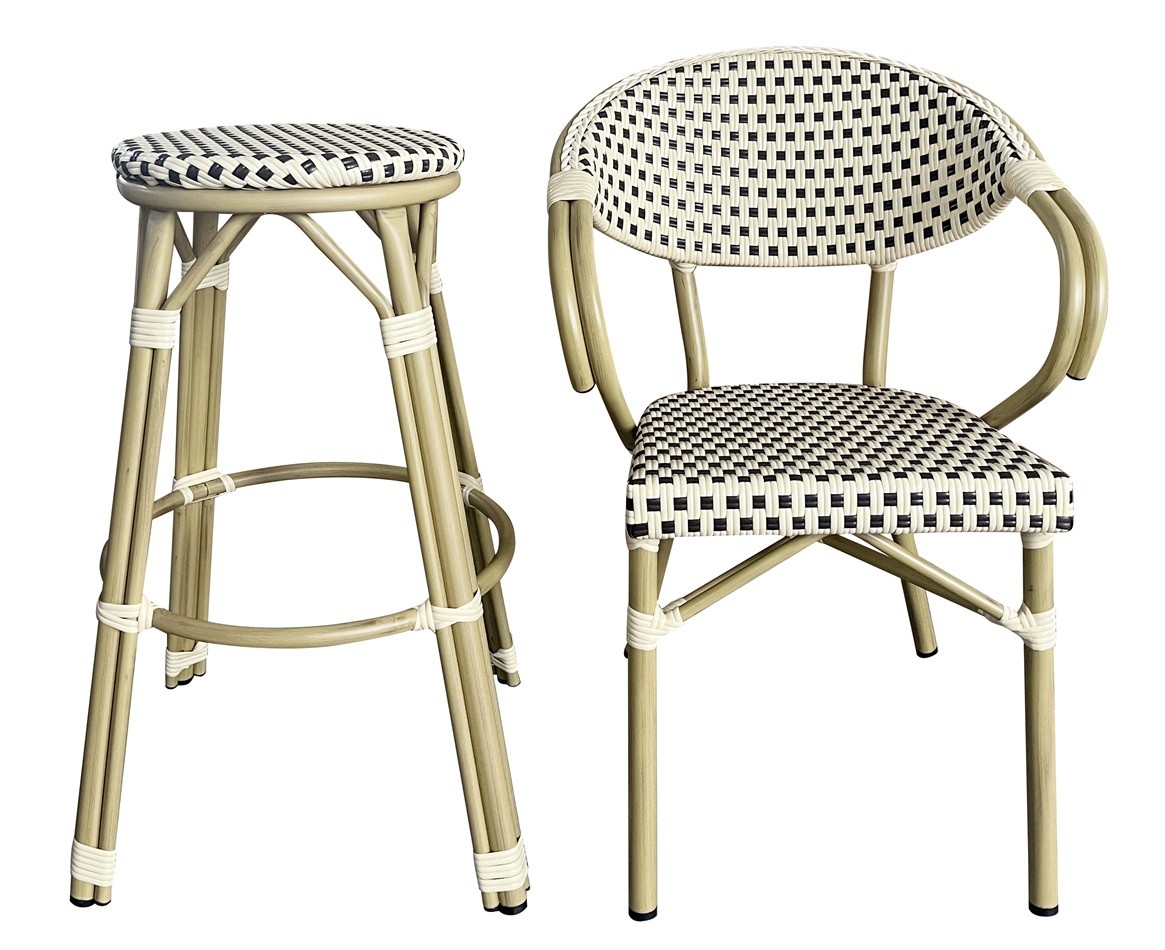 Taburete NERJA, apilable, aluminio, ratán beige y marrón